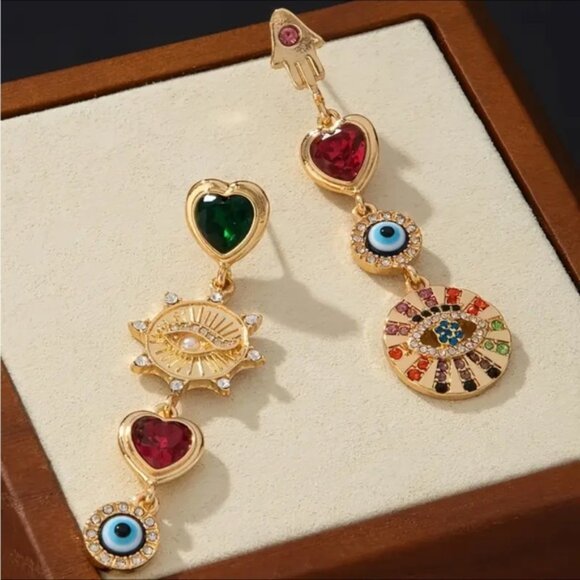 Bohemian Ethnic Seeing Eye Rhinestone  Heart Gold and Multicolor Dangle Earrings - Picture 2 of 5